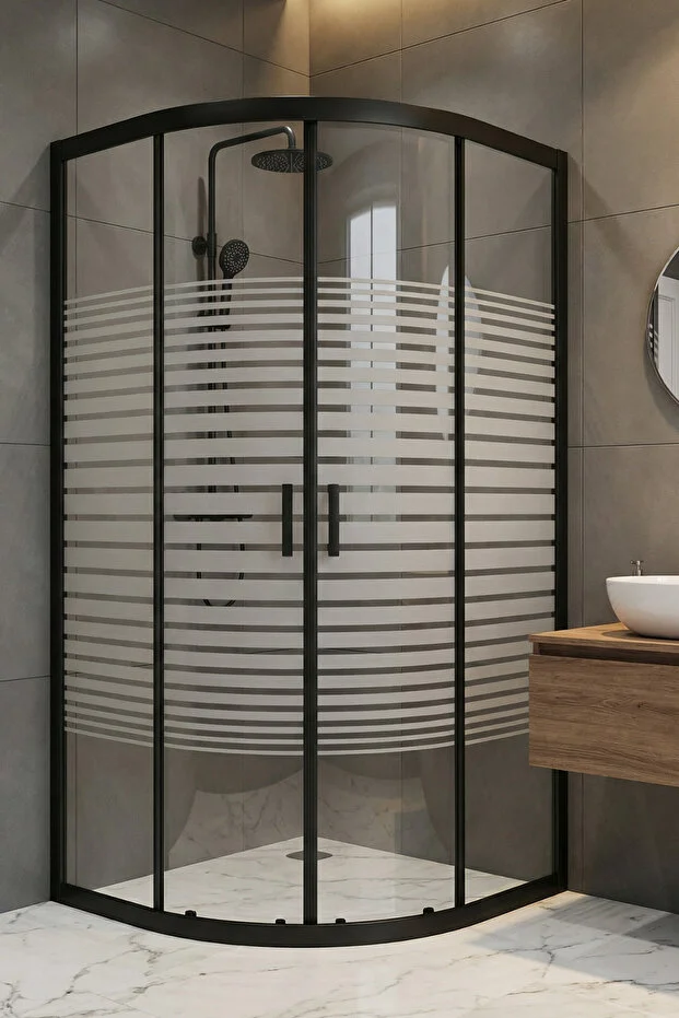 Oval Çizgili Desenli 5 mm Temperli Cam Mat Siyah Profilli Duşakabin 190 cm Teknesiz